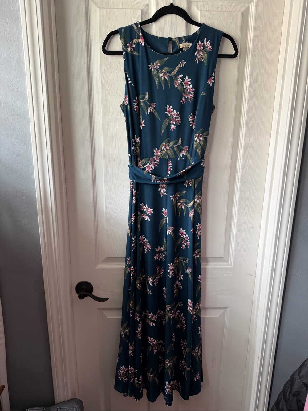Haani Teal Floral Sleeveless Maxi Dress with Waist Tie
